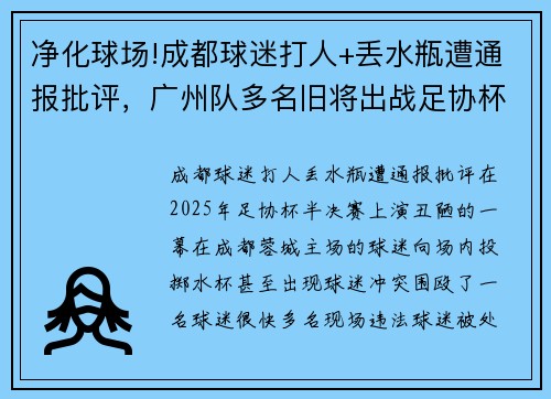 净化球场!成都球迷打人+丢水瓶遭通报批评，广州队多名旧将出战足协杯决赛唤正气