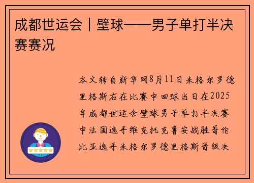 成都世运会︱壁球——男子单打半决赛赛况